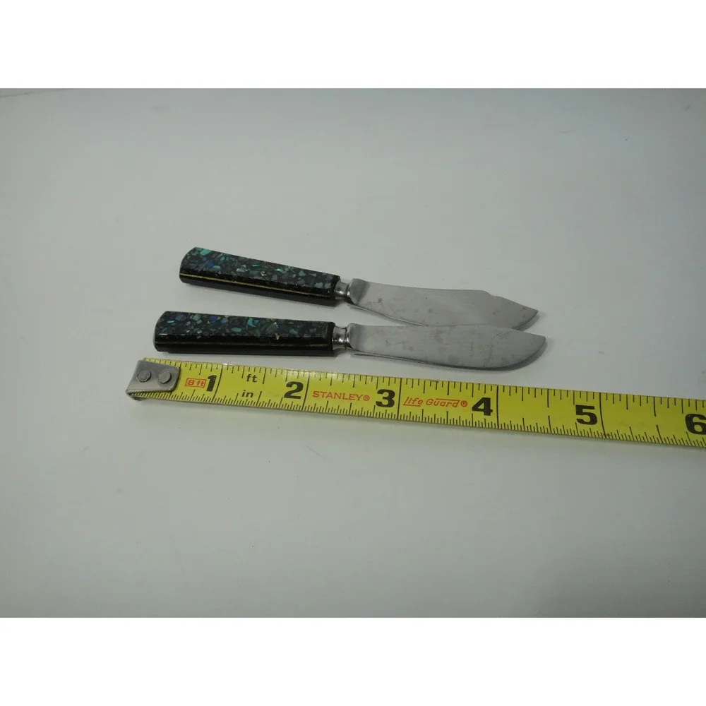 Vintage Sheffield England Abalone Shell Mosaic Butter Knife Spreader Set of 2